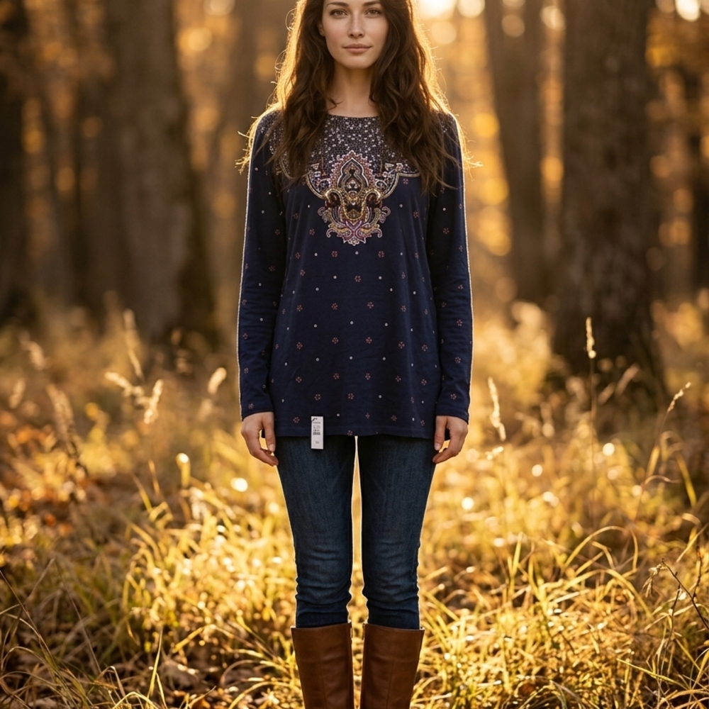 Navy Embroidered Long Sleeve Tunic Top